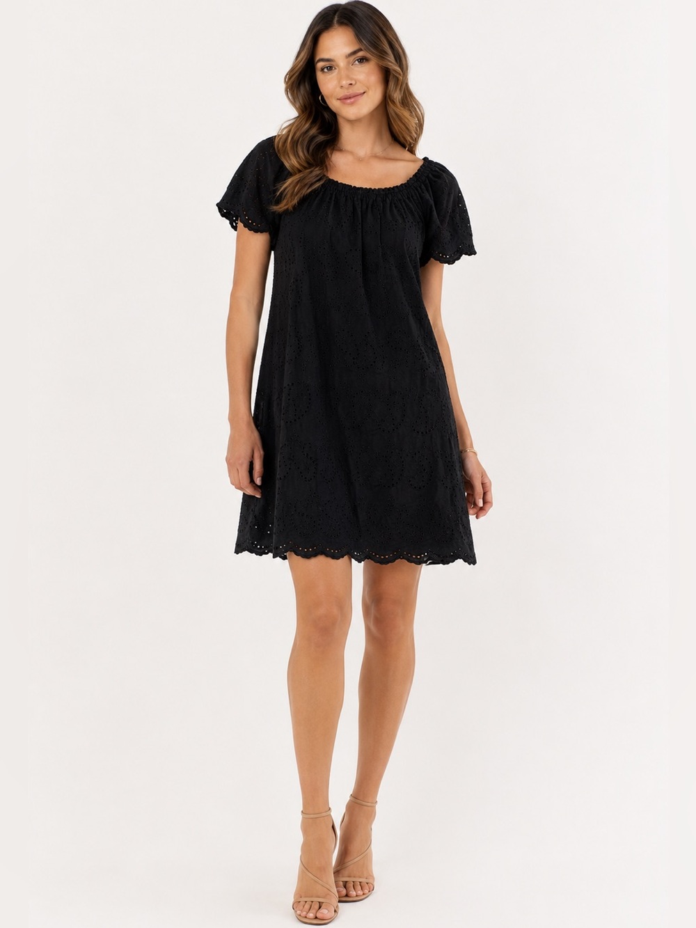 VALENTINA NALDI Made In Italy 100% Cotton Dress Black Short Sleeve Eyelet SMALL